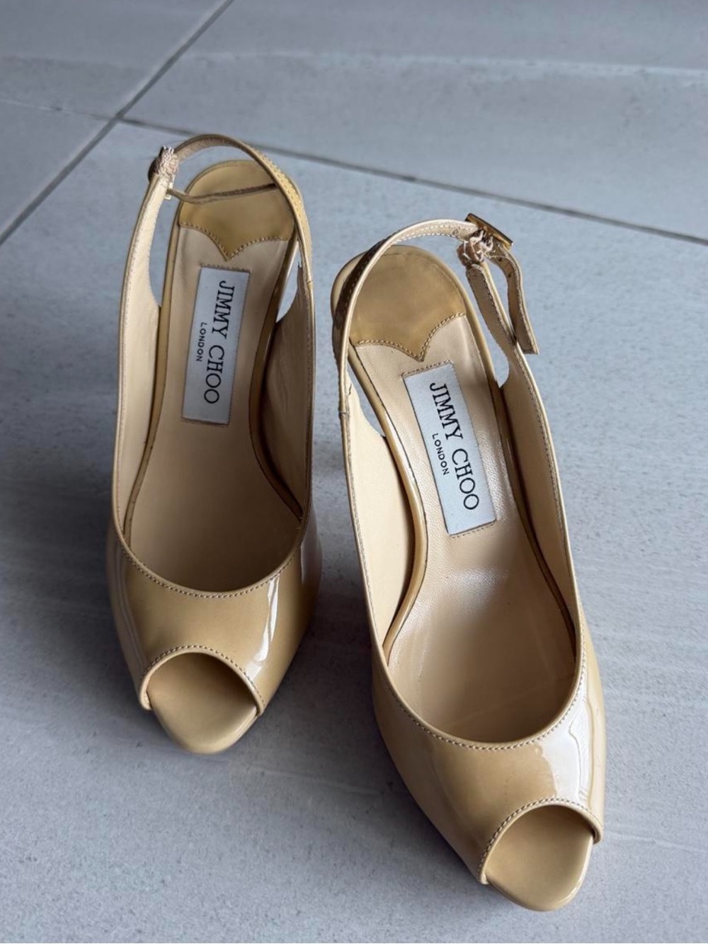 Jimmy Choo Nude Patent Peep-Toe Slingback Heels
